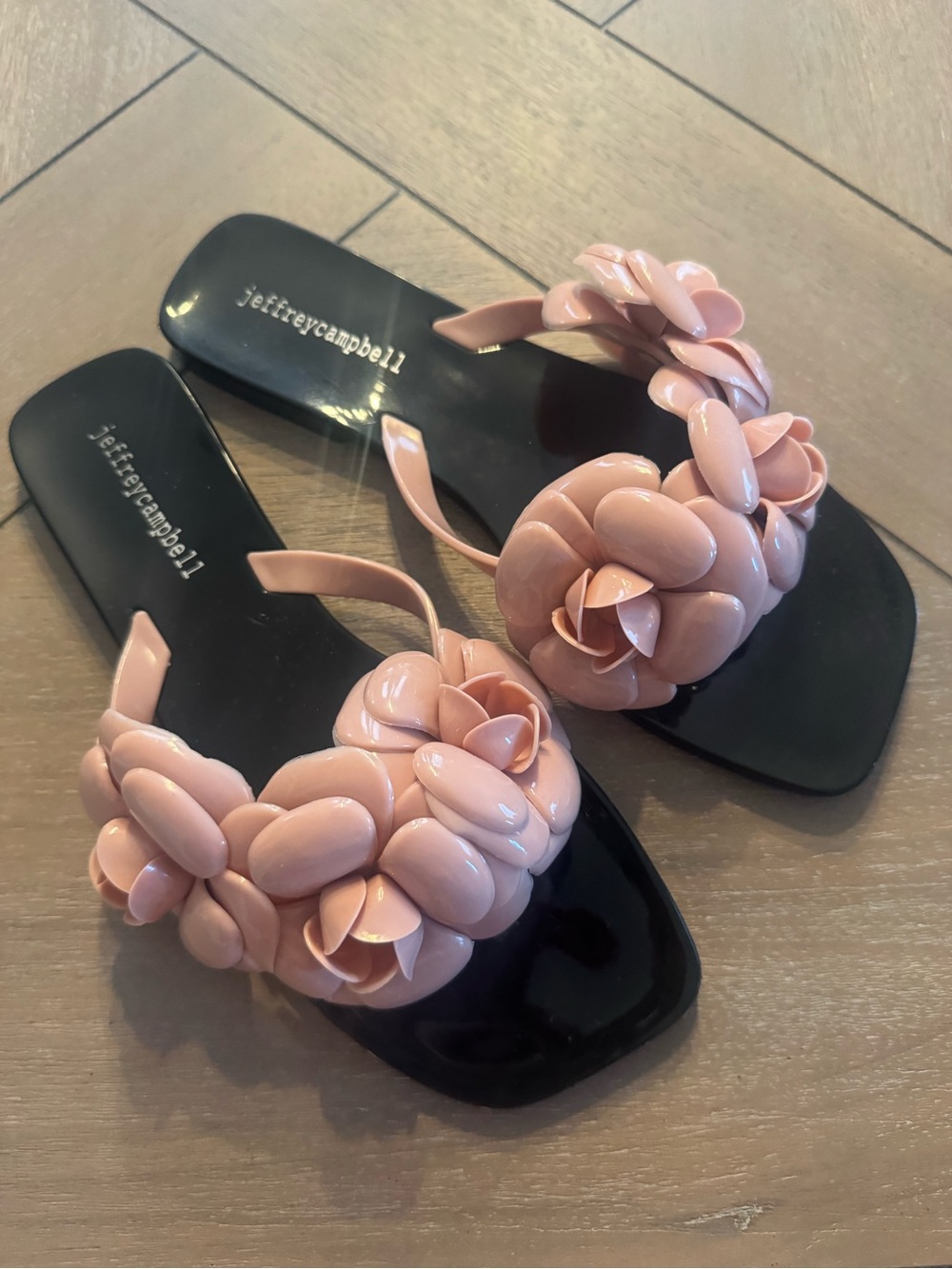 Jeffrey Campbell Black Slide Sandals with Blush Pink Flower Accents - Picture 3 of 13